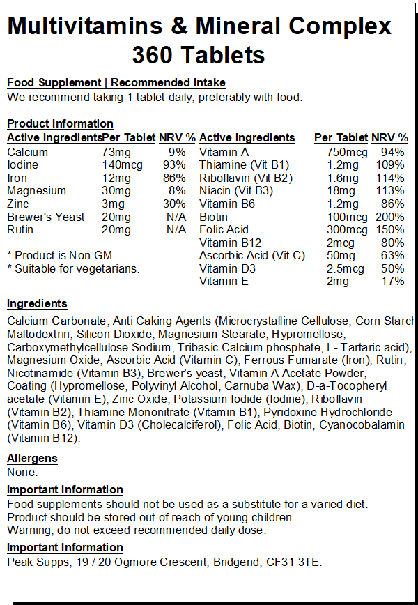 Multivitamin & Mineral Complex Tablets