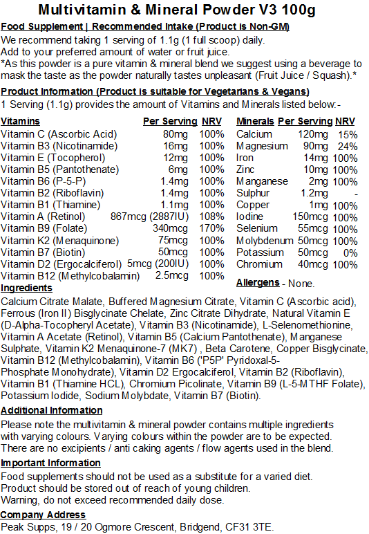 Multivitamins & Minerals Powder V3 – Methylated Vitamins (Folate, B6 ‘P5P’ & B12)