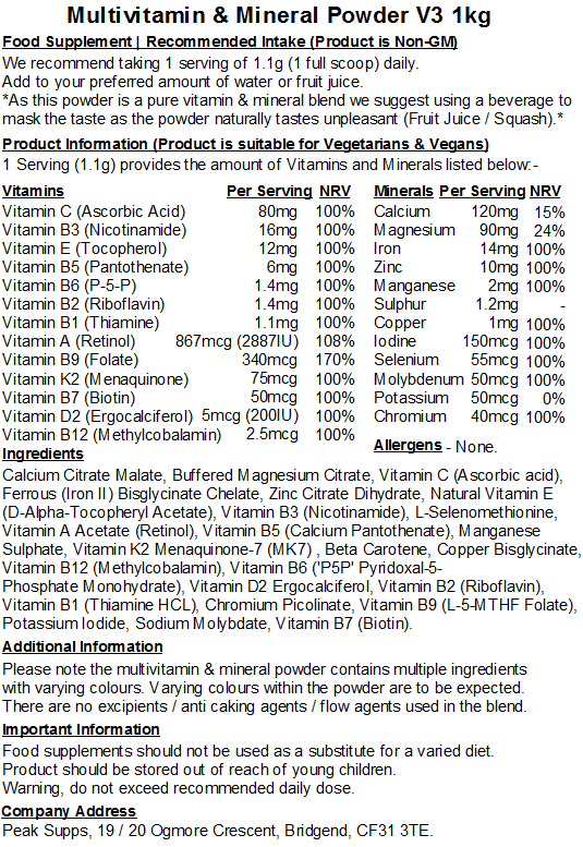 Multivitamins & Minerals Powder V3 – Methylated Vitamins (Folate, B6 ‘P5P’ & B12)