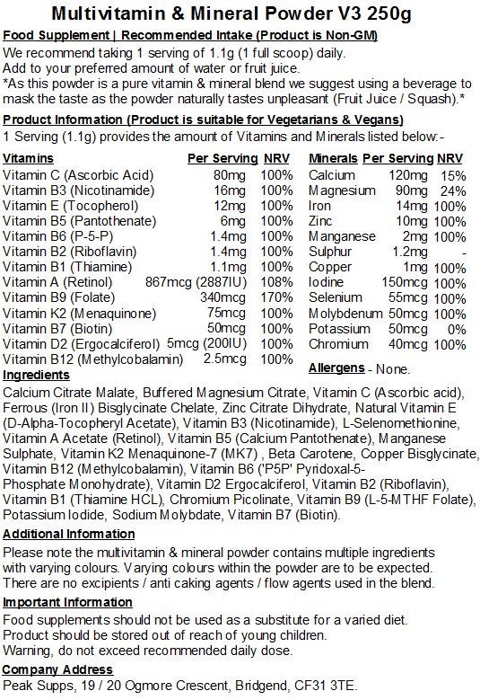 Multivitamins & Minerals Powder V3 – Methylated Vitamins (Folate, B6 ‘P5P’ & B12)