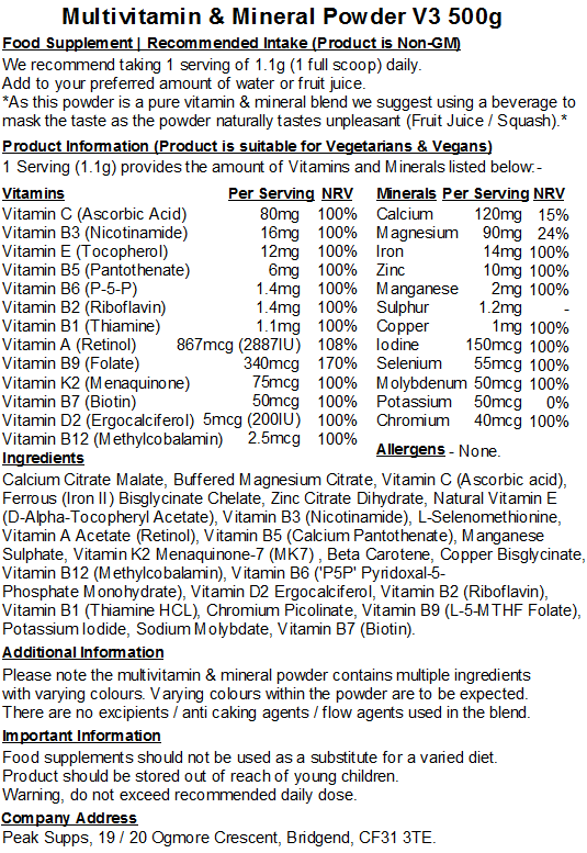 Multivitamins & Minerals Powder V3 – Methylated Vitamins (Folate, B6 ‘P5P’ & B12)