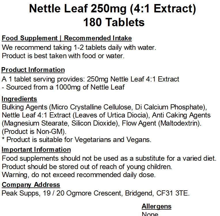 Nettle Leaf 250mg (4:1 Extract) Tablets