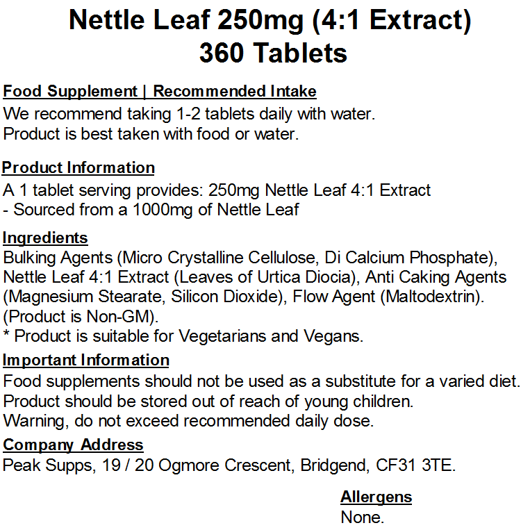 Nettle Leaf 250mg (4:1 Extract) Tablets