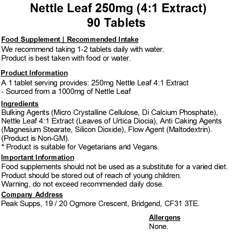 Nettle Leaf 250mg (4:1 Extract) Tablets