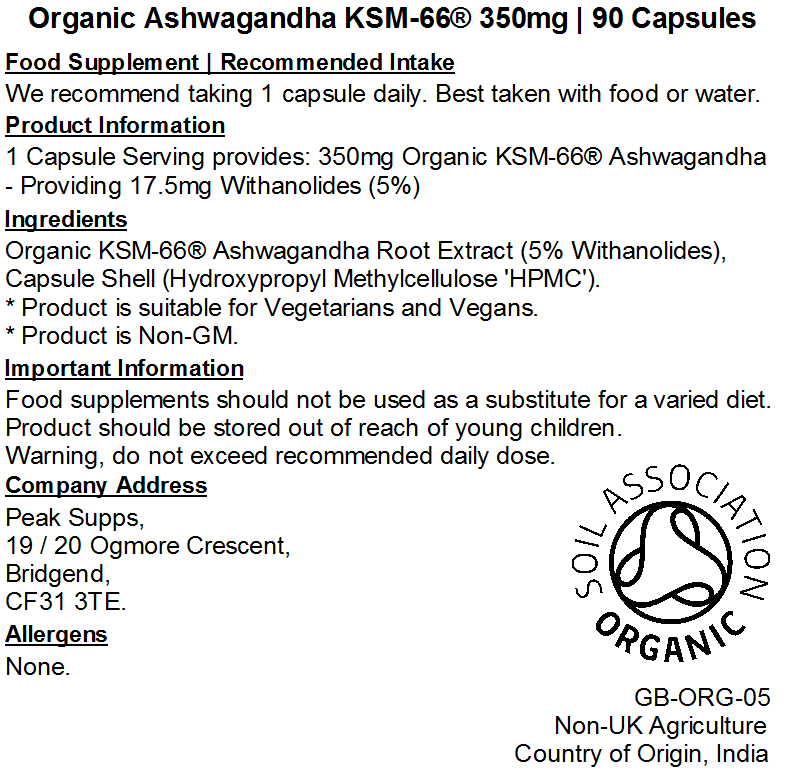 Organic Ashwagandha KSM-66® 350mg Capsules (Pure)