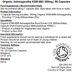 Organic Ashwagandha KSM-66® 350mg Capsules (Pure)