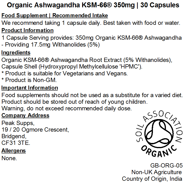Organic Ashwagandha KSM-66® 350mg Capsules (Pure)