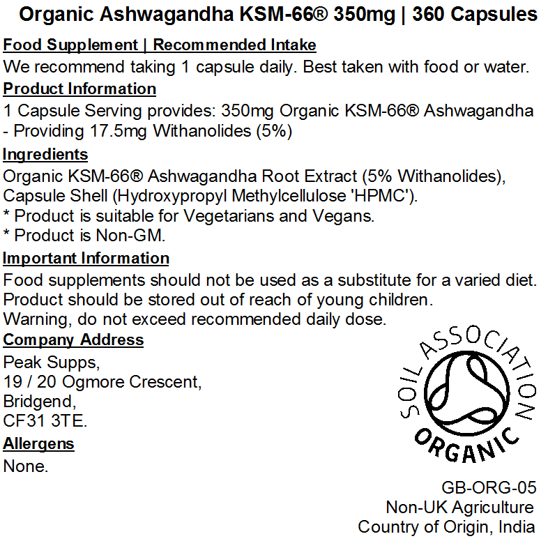Organic Ashwagandha KSM-66® 350mg Capsules (Pure)