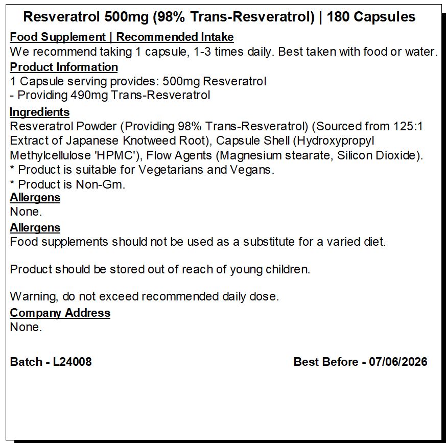 Resveratrol 500mg Capsules | 98% Trans resveratrol