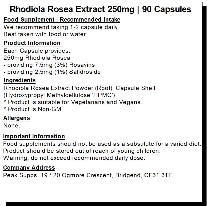 Rhodiola Rosea Extract 250mg Capsules (Pure) 3% Rosavins 1% Salidroside