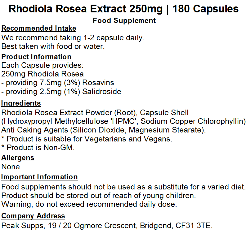 Rhodiola Rosea Extract 250mg Capsules (Pure) 3% Rosavins 1% Salidroside