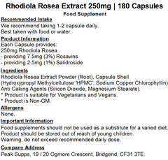 Rhodiola Rosea Extract 250mg Capsules (Pure) 3% Rosavins 1% Salidroside