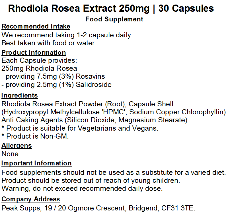 Rhodiola Rosea Extract 250mg Capsules (Pure) 3% Rosavins 1% Salidroside