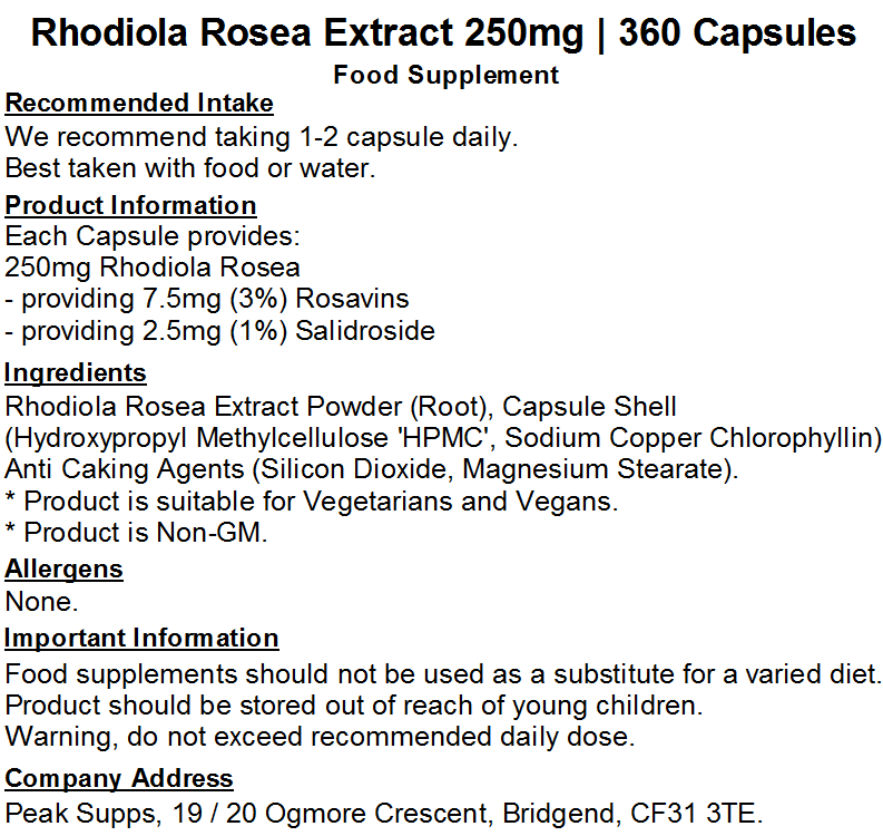 Rhodiola Rosea Extract 250mg Capsules (Pure) 3% Rosavins 1% Salidroside
