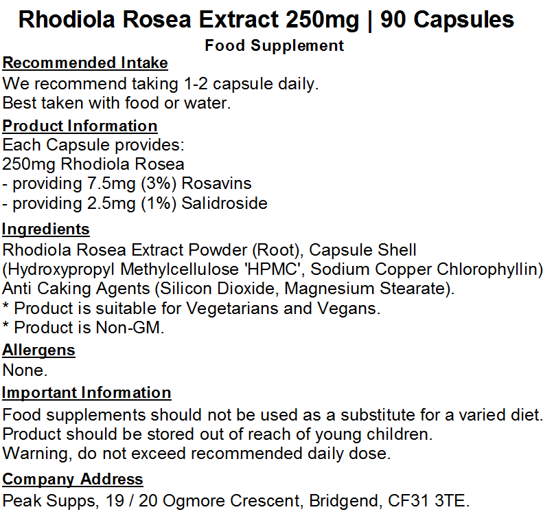 Rhodiola Rosea Extract 250mg Capsules (Pure) 3% Rosavins 1% Salidroside