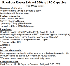 Rhodiola Rosea Extract 250mg Capsules (Pure) 3% Rosavins 1% Salidroside