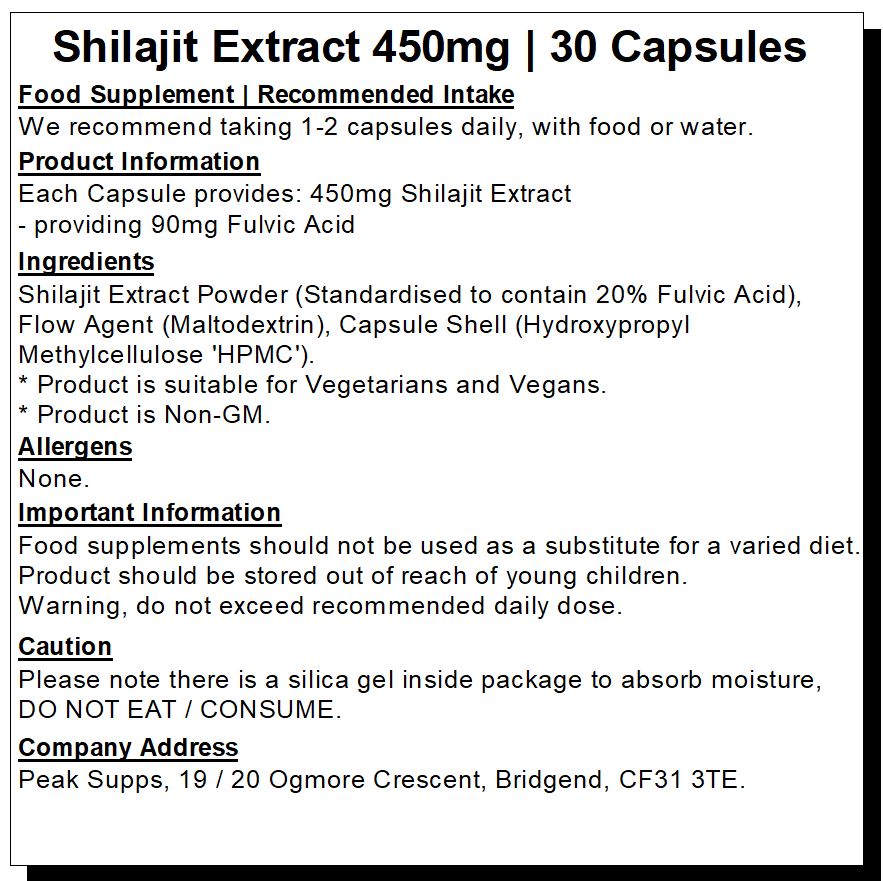 Shilajit 450mg Extract Capsules (20% Fulvic Acid)