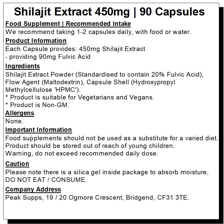 Shilajit 450mg Extract Capsules (20% Fulvic Acid)
