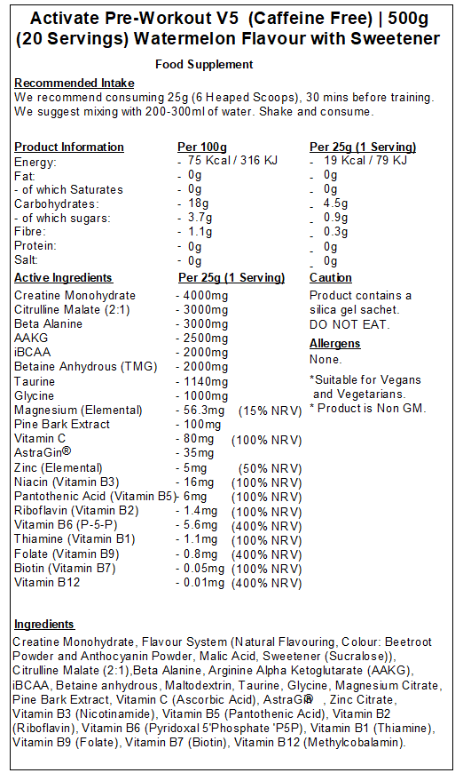 Activate Pre Workout v5 (Caffeine & Stimulant Free)