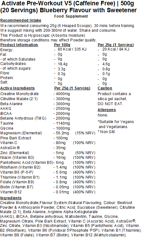Activate Pre Workout v5 (Caffeine & Stimulant Free)