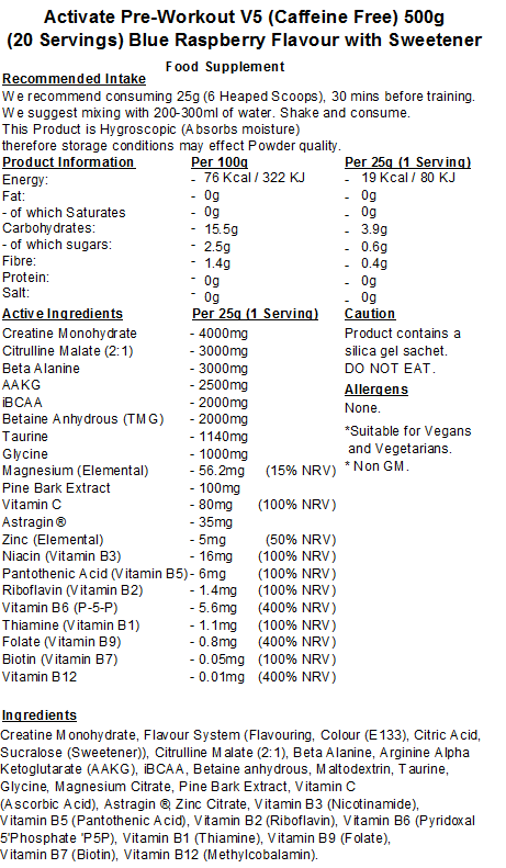 Activate Pre Workout v5 (Caffeine & Stimulant Free)