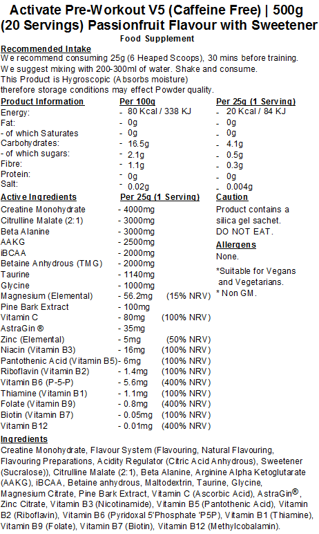 Activate Pre Workout v5 (Caffeine & Stimulant Free)