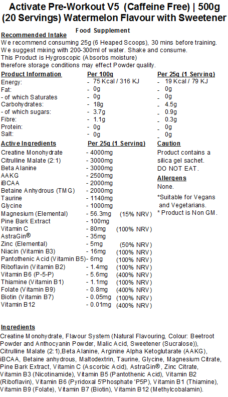 Activate Pre Workout v5 (Caffeine & Stimulant Free)