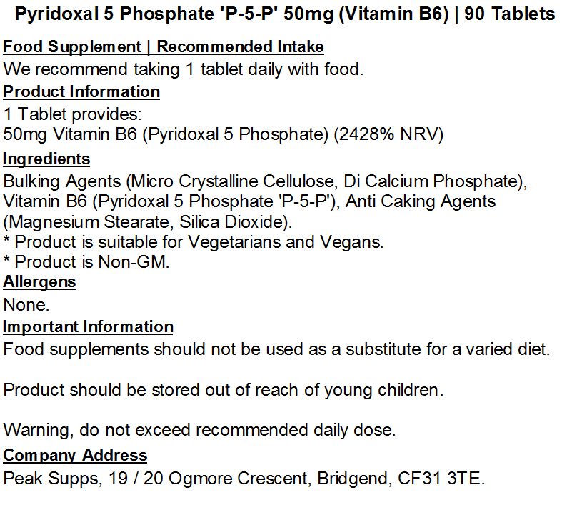 Vitamin B6 (Pyridoxal 5 Phosphate 'P5P') 50mg Tablets