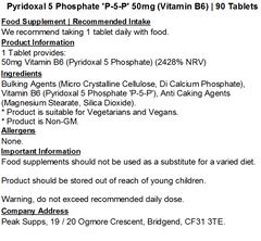 Vitamin B6 (Pyridoxal 5 Phosphate 'P5P') 50mg Tablets