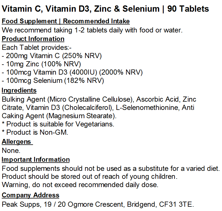 Vitamin C, Vitamin D3, Zinc & Selenium Tablets