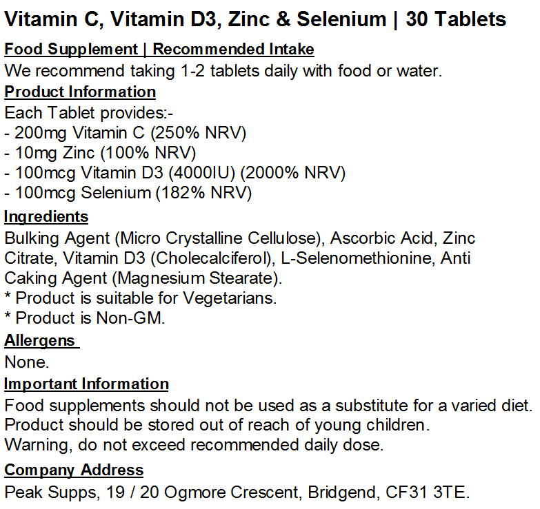Vitamin C, Vitamin D3, Zinc & Selenium Tablets