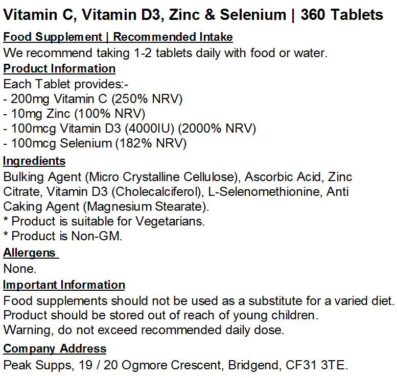 Vitamin C, Vitamin D3, Zinc & Selenium Tablets