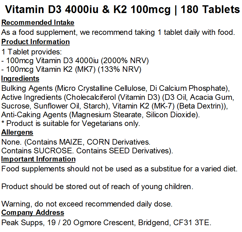 Vitamin D3 4000iu & Vitamin K2 MK-7 100mcg Tablets