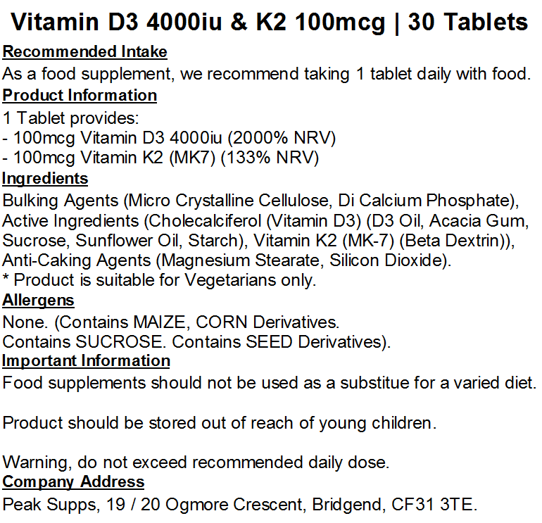 Vitamin D3 4000iu & Vitamin K2 MK-7 100mcg Tablets
