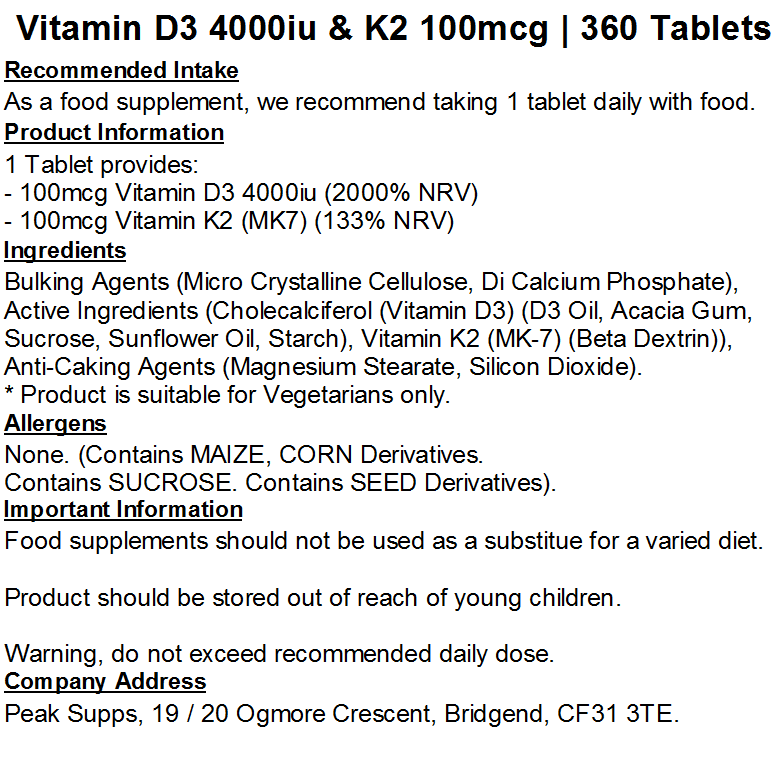 Vitamin D3 4000iu & Vitamin K2 MK-7 100mcg Tablets