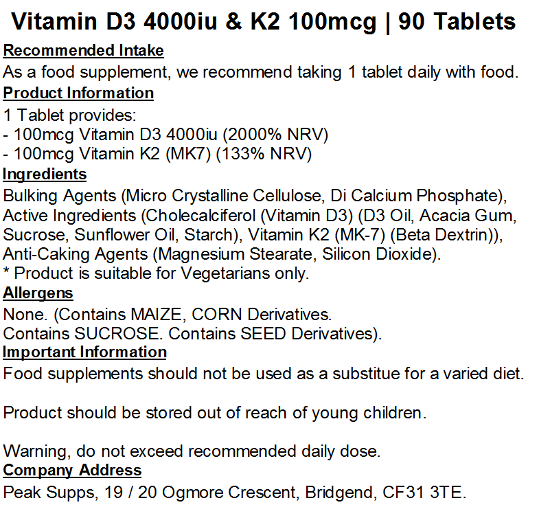 Vitamin D3 4000iu & Vitamin K2 MK-7 100mcg Tablets