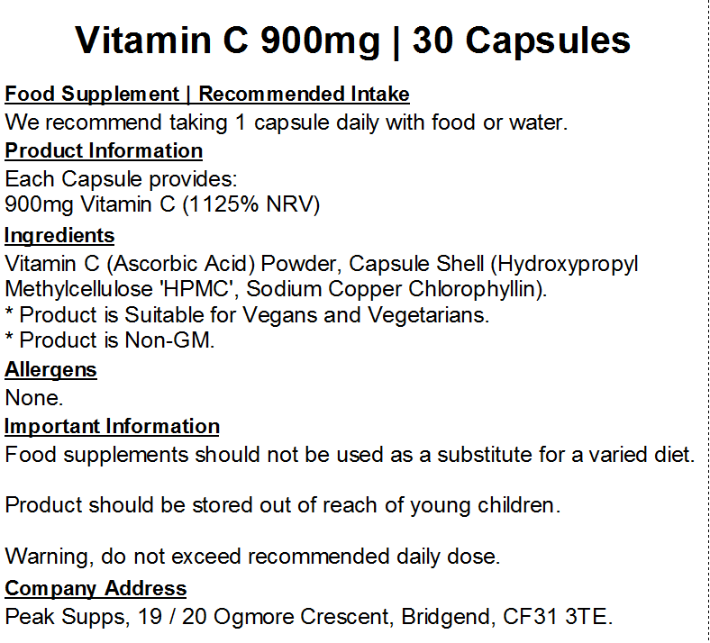 Vitamin C 900mg Capsules (Pure)