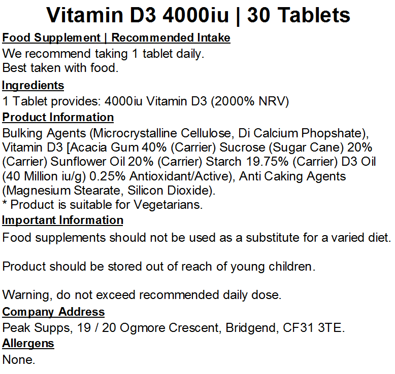Vitamin D3 Tablets 4000iu / 100mcg