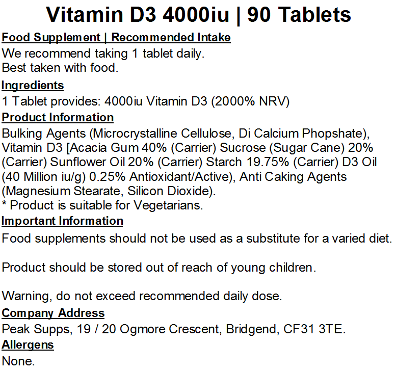 Vitamin D3 Tablets 4000iu / 100mcg
