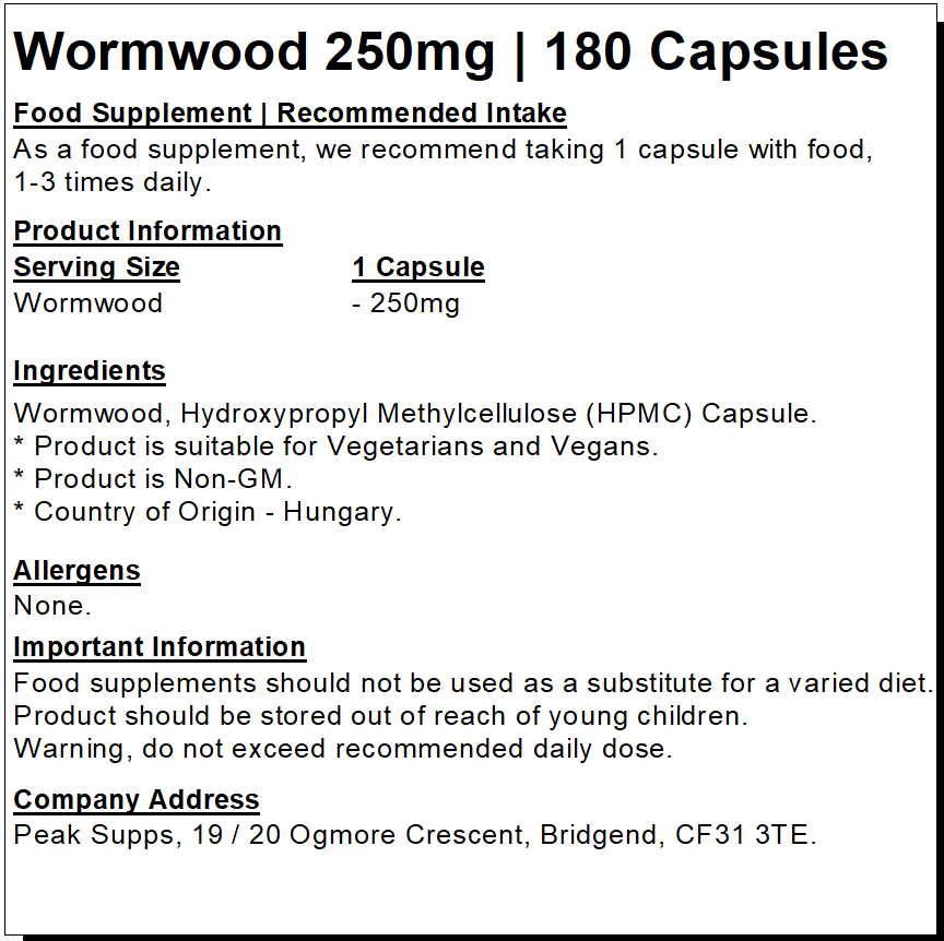 Wormwood 250mg Capsules