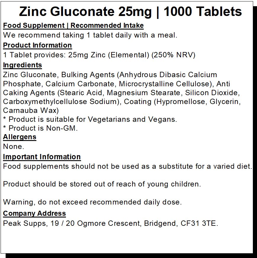 Zinc Gluconate 25mg Tablets