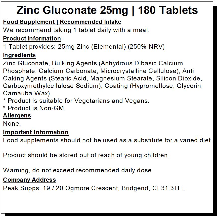 Zinc Gluconate 25mg Tablets