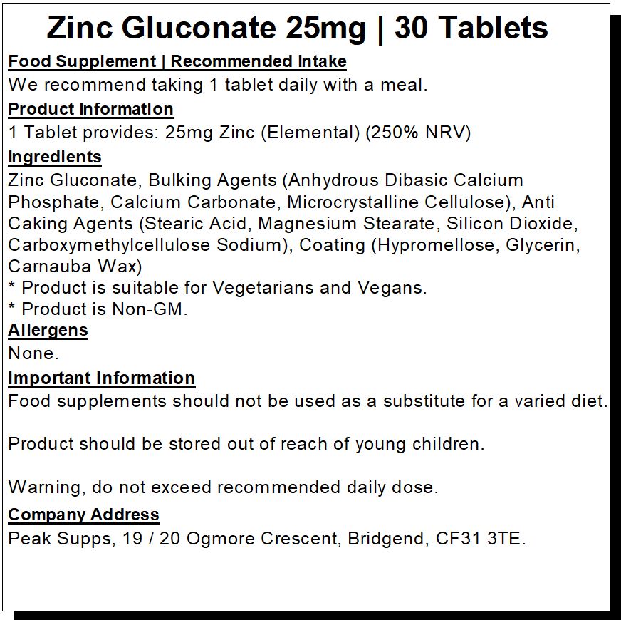 Zinc Gluconate 25mg Tablets