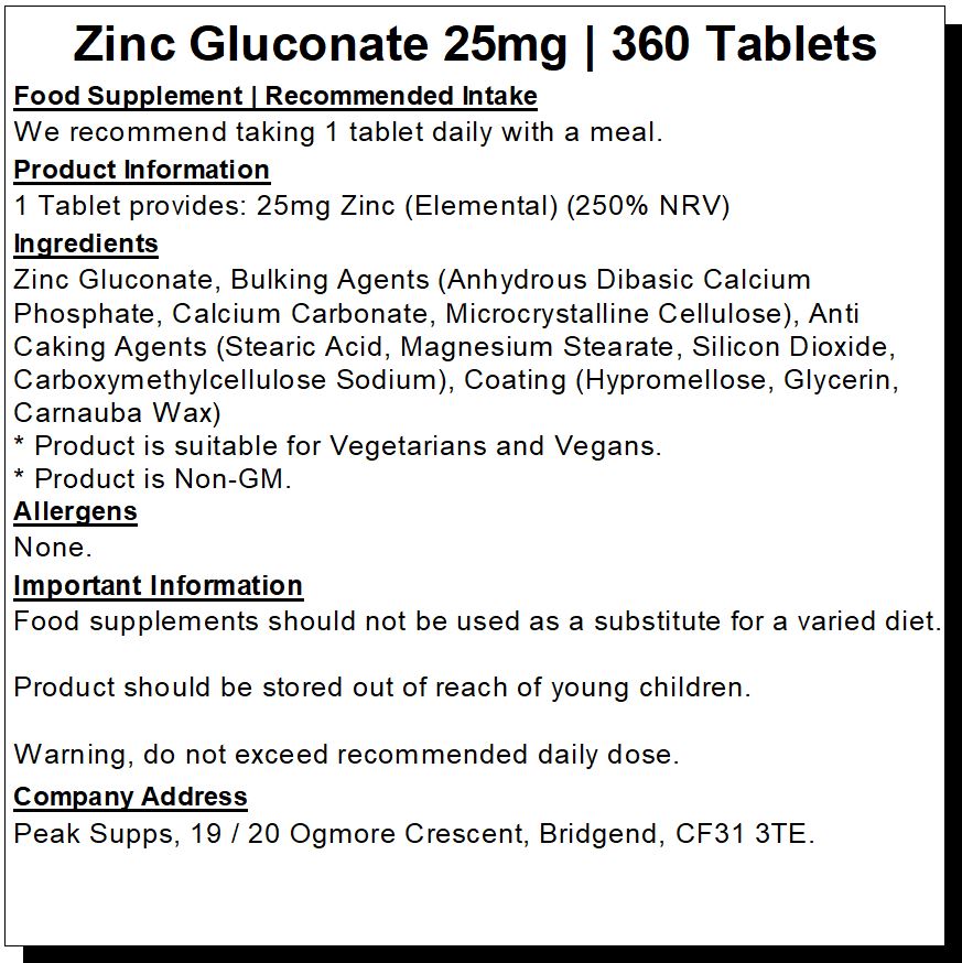 Zinc Gluconate 25mg Tablets