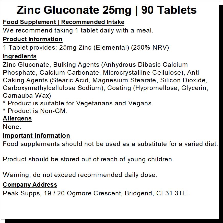 Zinc Gluconate 25mg Tablets