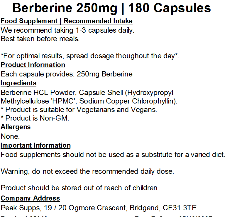 Berberine 250mg Capsules (Pure)