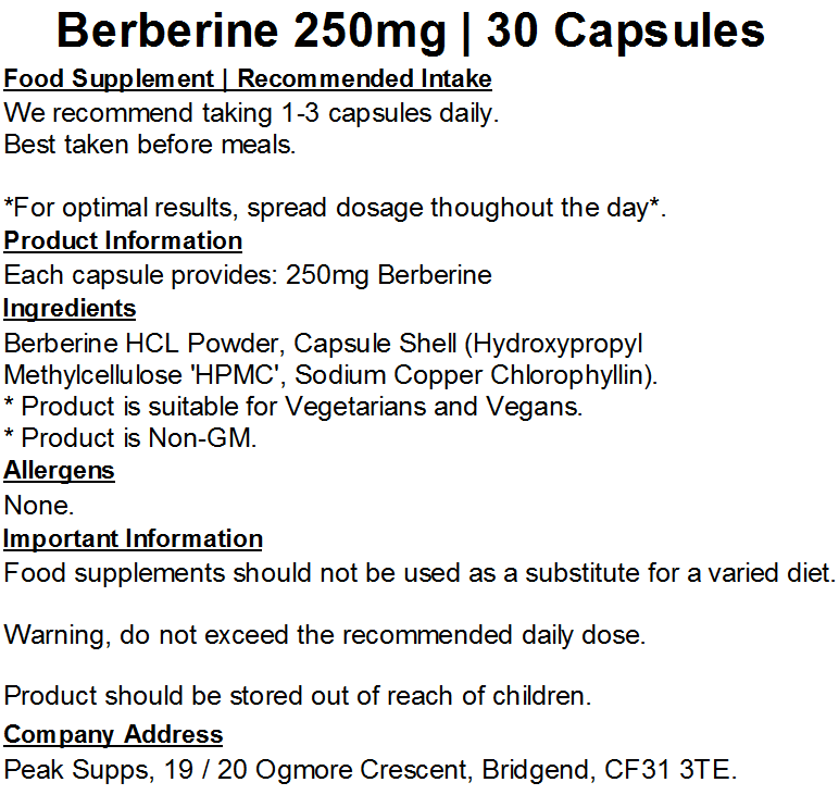 Berberine 250mg Capsules (Pure)