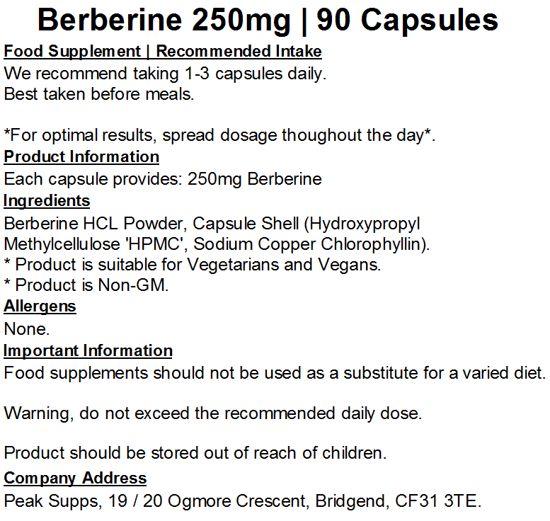 Berberine 250mg Capsules (Pure)