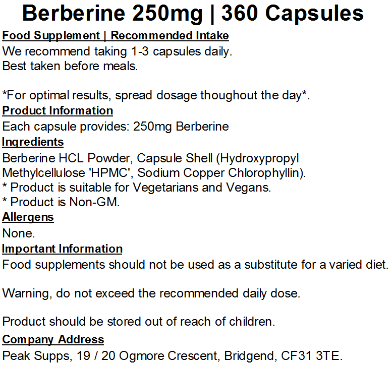 Berberine 250mg Capsules (Pure)