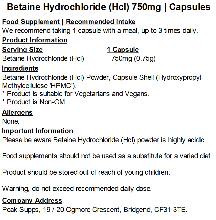 Betaine Hydrochloride (HCL) 750mg Capsules (Pure)